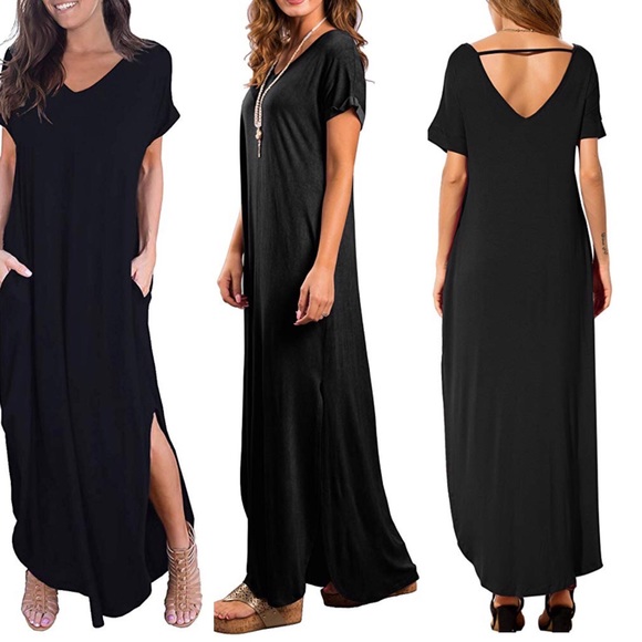 Dresses & Skirts - Casual Short Sleeve Long Maxi Dress-BLACK
